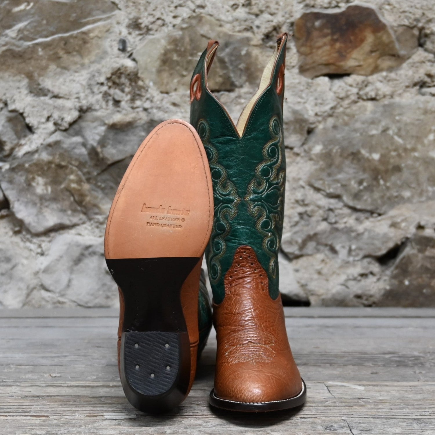 View of Hondo 14&quot; cowboy boot with green volcano top, habana shoulder vamp, and tight round toe