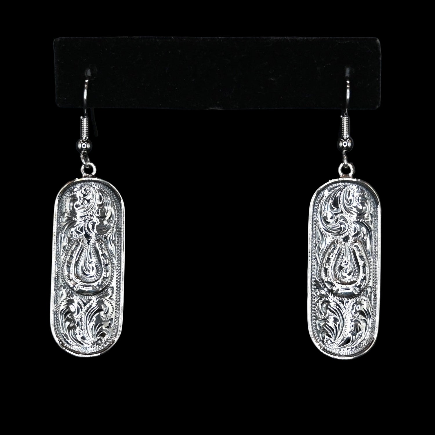 Vogt Silversmiths Silver Fortune sterling silver dangle earrings with horseshoe and engraving