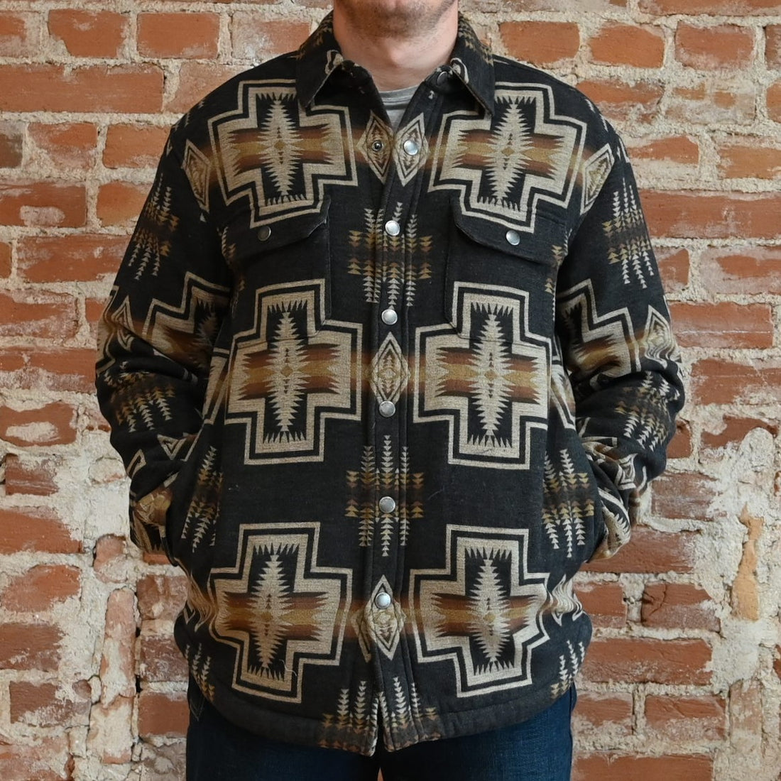 View of Pendleton Men’s Bay City sherpa-lined shirt jacket in Harding Oxford pattern