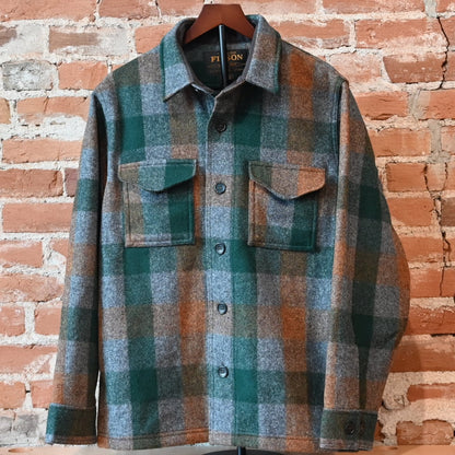 Filson Mackinaw Wool Jac-Shirt in Green, Orange, and Gray Plaid with button-front and chest pockets
