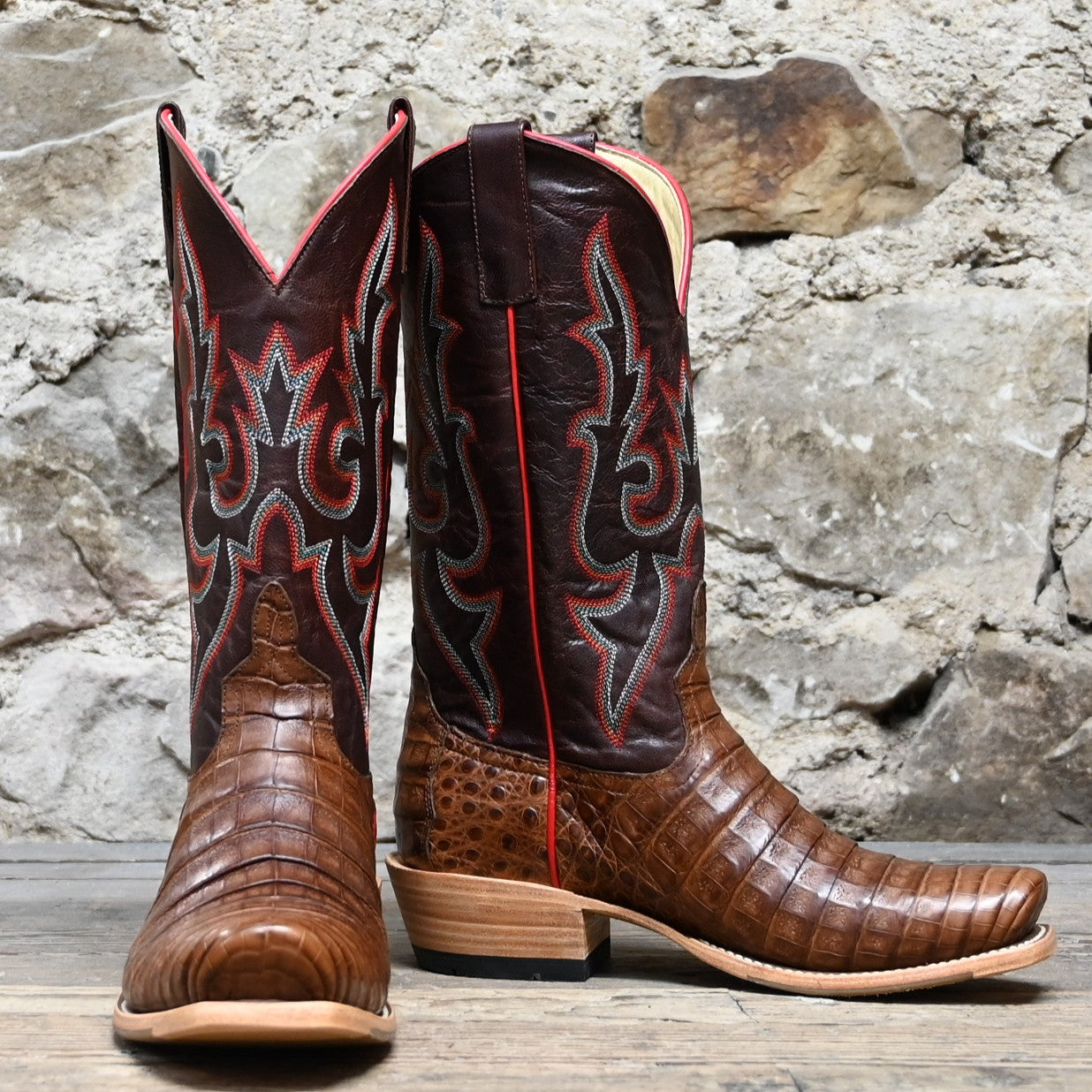 View of Horse Power 13&quot; boot with black caiman belly vamp, black glove top, cutter toe, and pull straps