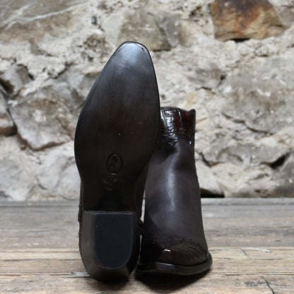 View of Stallion Ladies Zorro zip boot in chocolate horsehide with crocodile trim and B toe