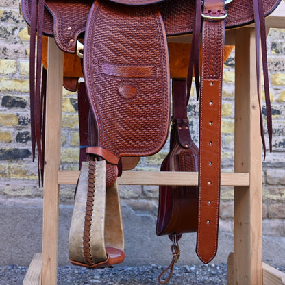 View of Billy Cook 15½&quot; High Country Rancher Saddle in Chestnut with hand-stamped basket tooling