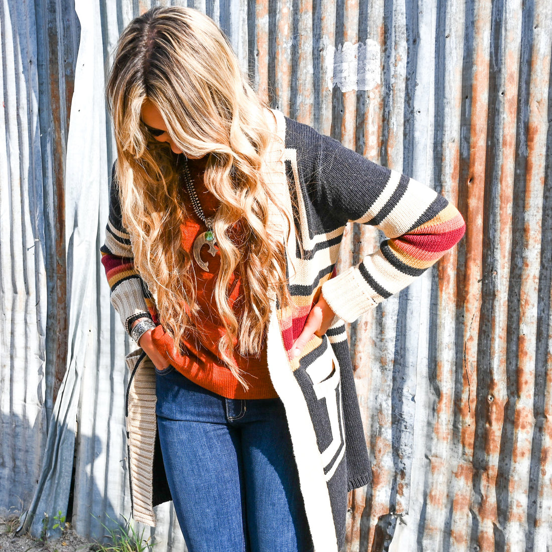View of Pendleton open-front cardigan with Harding pattern and patch pockets
