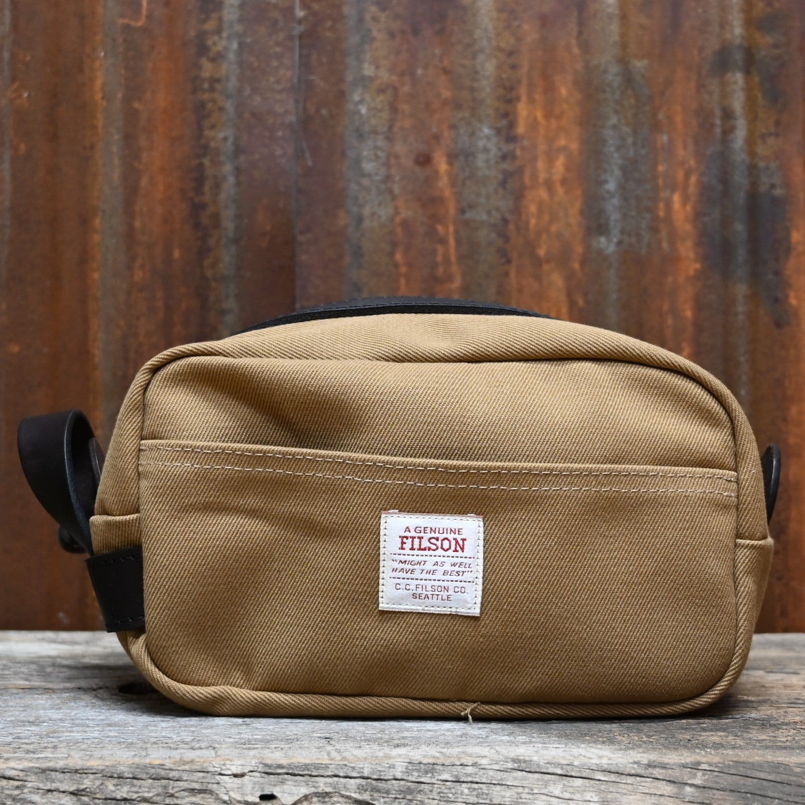 View of Filson Lightweight Travel Kit with Leather Loop in Tan featuring Bridle Leather accents and waterproof nylon lining