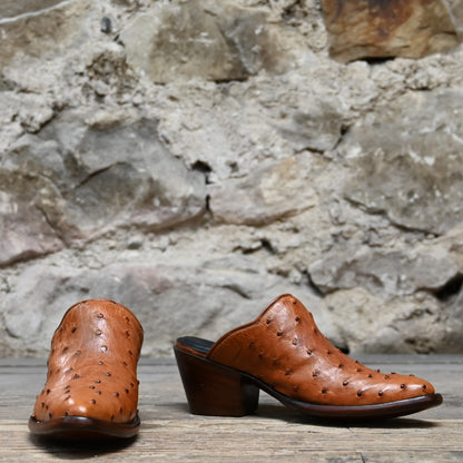 Stallion Ladies Mule Slider – Cognac Full Quill Ostrich with Round Toe &amp; 2&quot; Heel