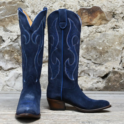 View of Macie Bean 15″ “Midnight In Paris” boot in marine blue suede with almond toe and cowgirl heel