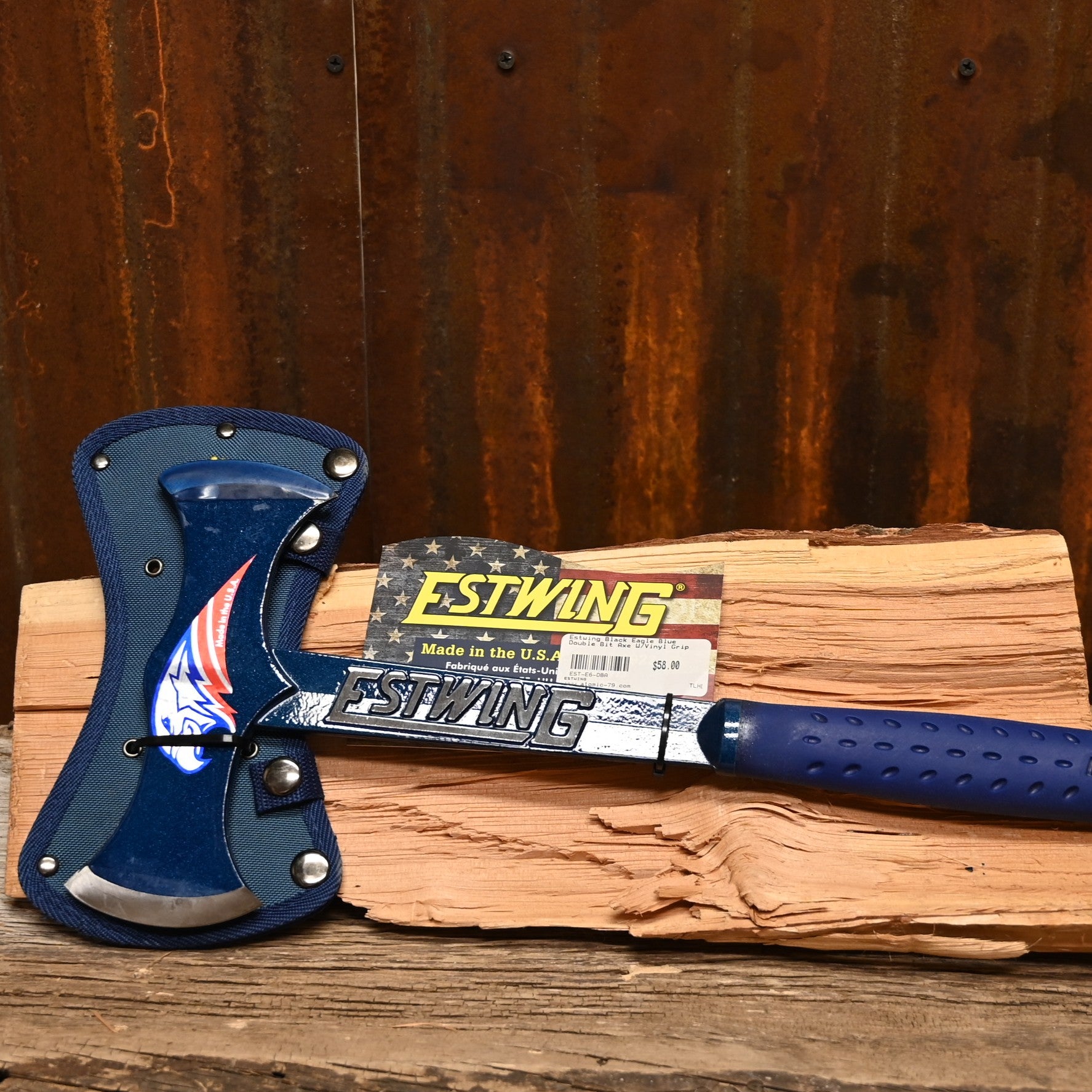 Estwing Black Eagle Double Bit Axe with blue handle and forged steel head