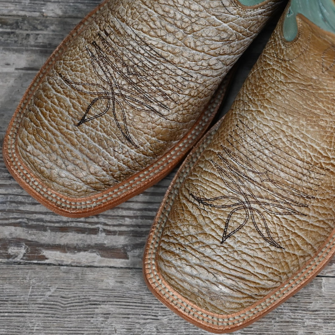 View of Hyer HAZELTON 11&quot; boots showcasing tan bullhide leather vamp and mint vintage goat upper with broad square toe and Stockman block heel