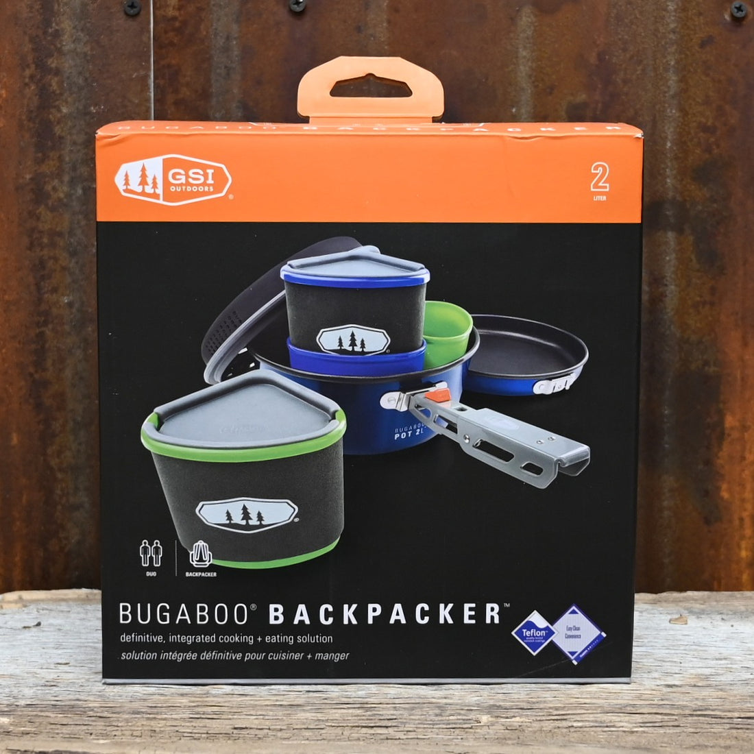 GSI Bugaboo Backpacker two-person non-stick aluminum cook set with nesting pots, fry pan, mugs, and bowls
