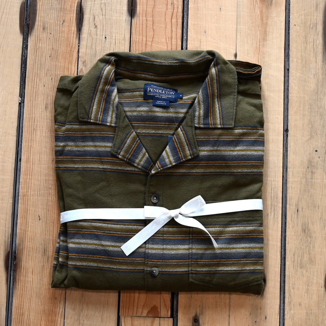 View of Pendleton men’s olive ombre stripe cotton flannel pajama set with top and pants