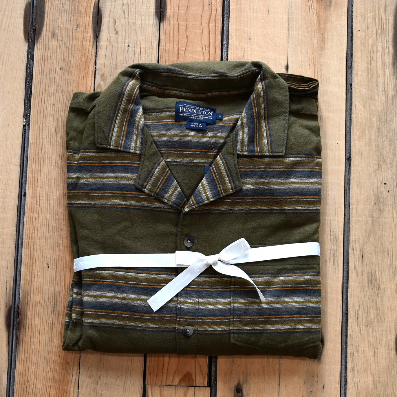 View of Pendleton men’s olive ombre stripe cotton flannel pajama set with top and pants