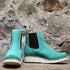 View of Macie Bean ladies turquoise suede wedge bootie with cutter toe and white swedge sole