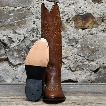 View of Front and Sole of Olathe 17&quot; Tall Leather Polo Style Boots with Brown Mule Vamp and Roper Heel with Yellow Toe Bug Stitching.