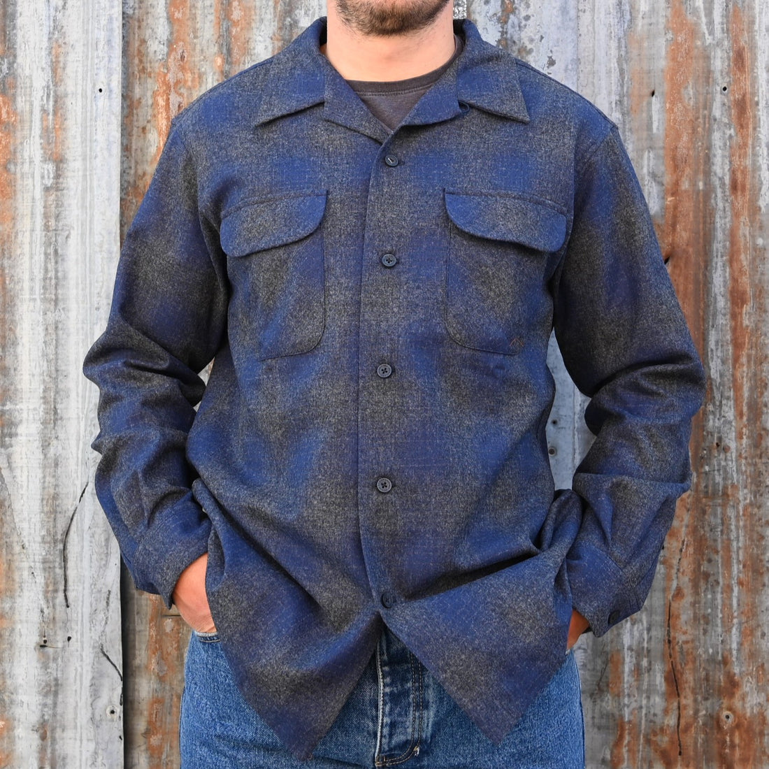 View of Pendleton men’s wool board shirt in Navy Oxford Mix Ombre with gradient stripe and square hem