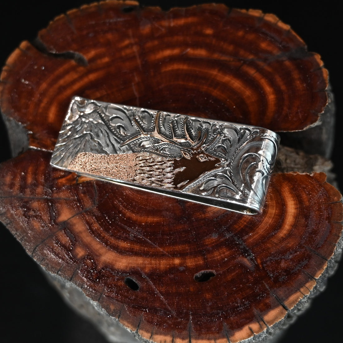 Vogt Silversmiths Golden Bull Elk sterling silver money clip with hand engraving and gold elk detail