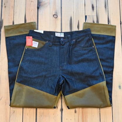 Filson × Wrangler Two-Tone Adventure Jean in indigo with tan waxed canvas reinforcements