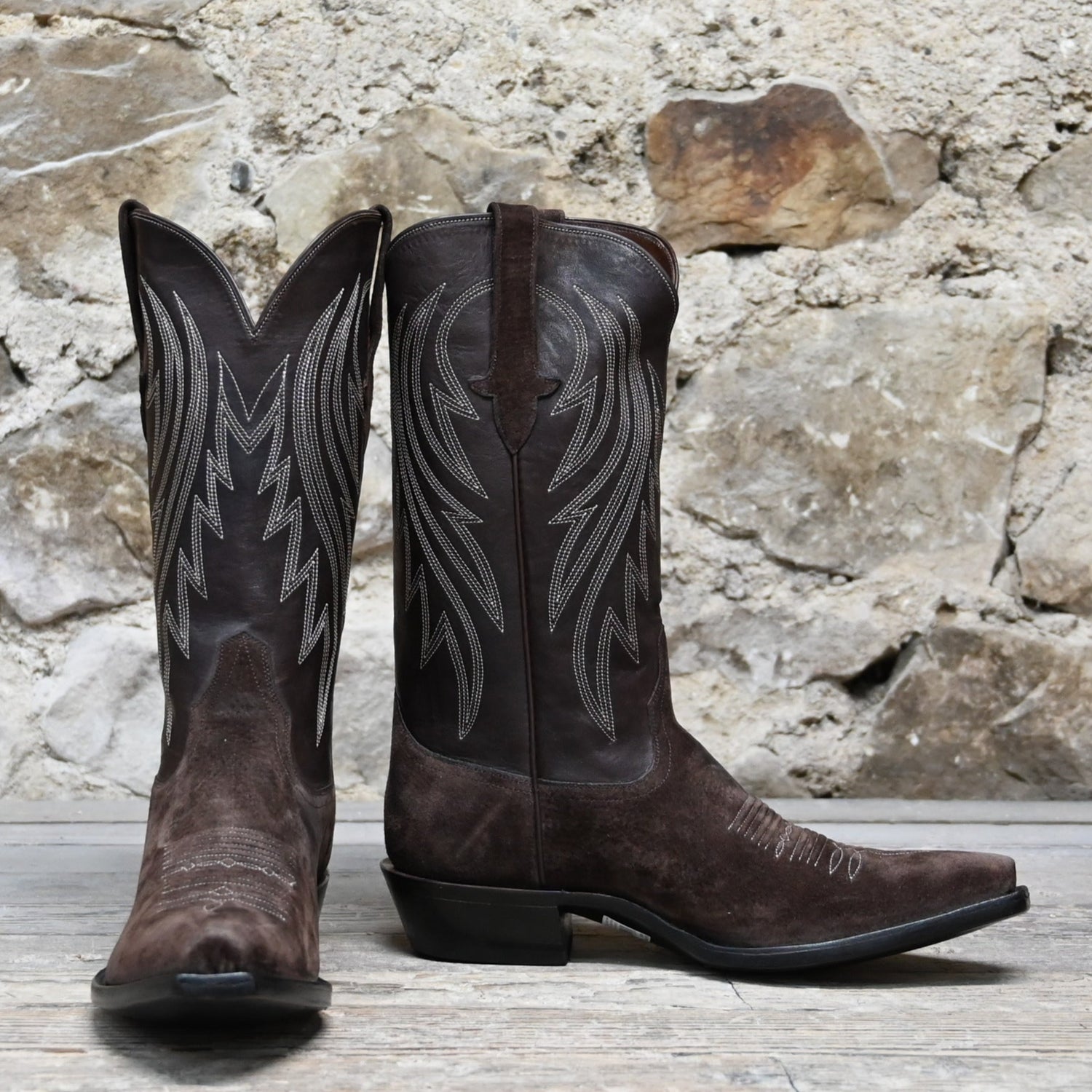 View of Stallion Men’s 13&quot; chocolate boot with nubuck suede vamp, calf shaft, and light Western stitching