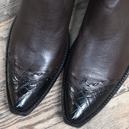 View of Stallion Ladies Zorro zip boot in espresso calf with black alligator wingtip and small square toe