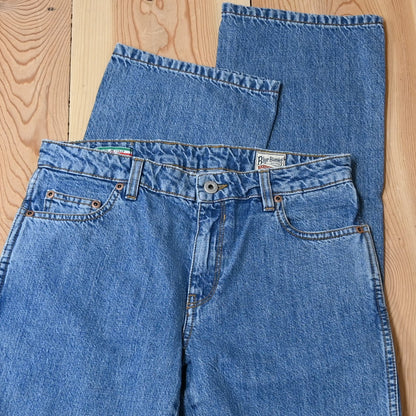 View of Blue Blanket ladies light indigo denim jeans with straight-leg silhouette and tailored waist