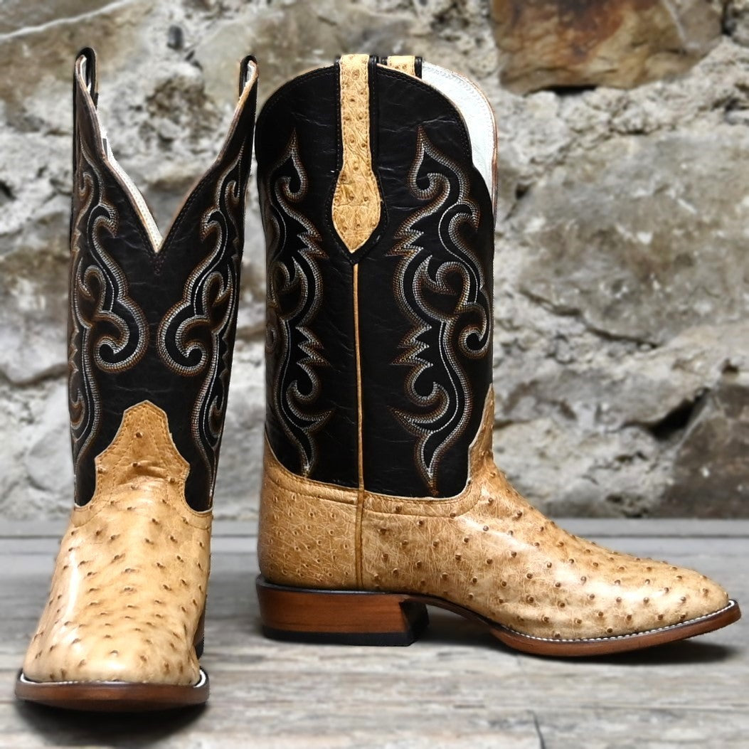 View of Hondo full quill umber ostrich boot with brown volcano top, medium round toe, and pull straps