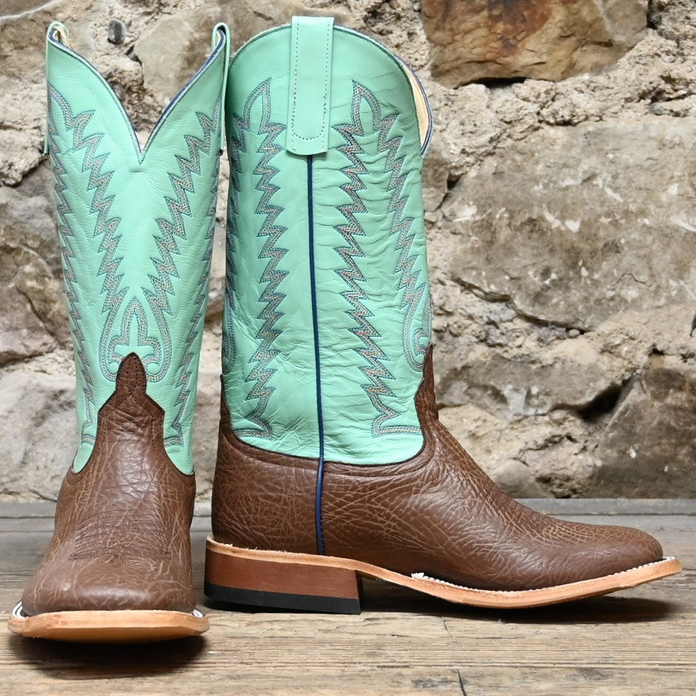 View of Anderson Bean 13&quot; roper boot with teal top, brown vamp, square toe, and pull straps