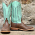 View of Anderson Bean 13" roper boot with teal top, brown vamp, square toe, and pull straps