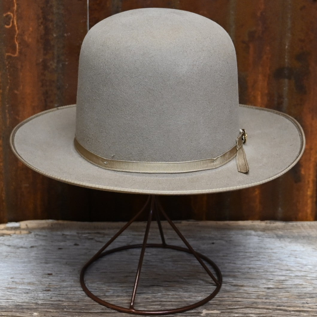 View of Front of Open Crown Stetson Open Road, 160th Edition in Fawn. 