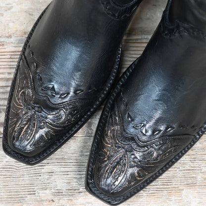 View of Stallion Ladies 10&quot; Black Ranch Hand Boot with tooled top, whipstitch, and buck lacing