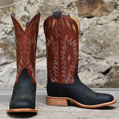 View of Hyer CHERRYVALE 13&quot; boots showcasing cognac Garrison goat leather upper and black mule cowhide vamp with broad square toe and Stockman block heel