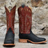 View of Hyer CHERRYVALE 13" boots showcasing cognac Garrison goat leather upper and black mule cowhide vamp with broad square toe and Stockman block heel