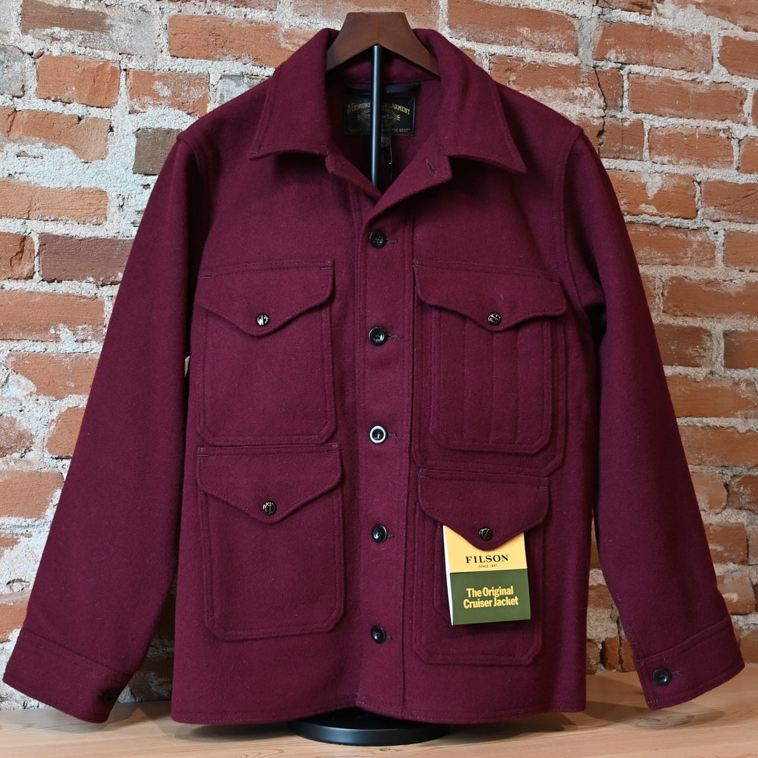 Filson 1940s Mackinaw Wool Cruiser jacket in wine with four cargo pockets and back map pocket