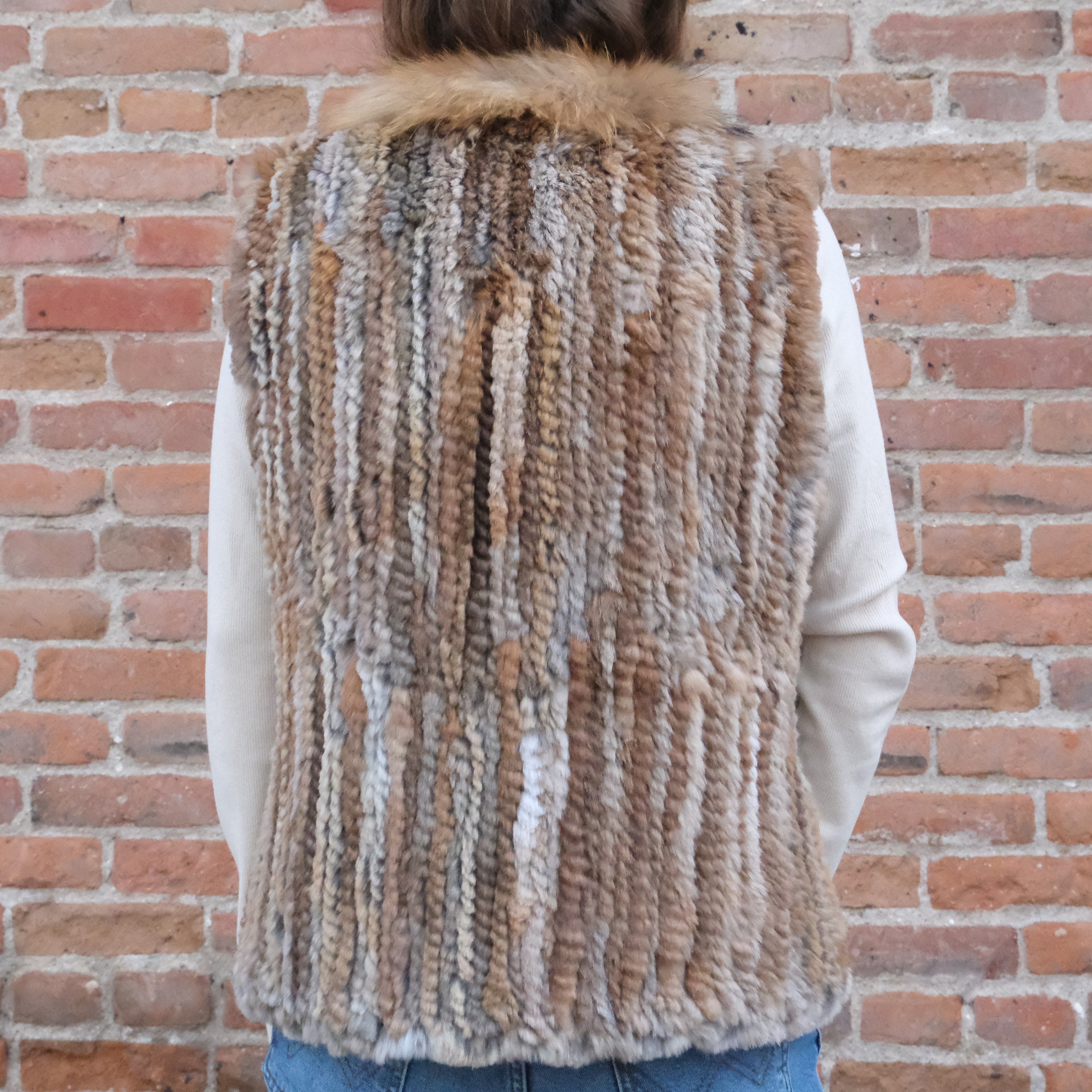 Morris Kaye natural rabbit fur vest with raccoon trim