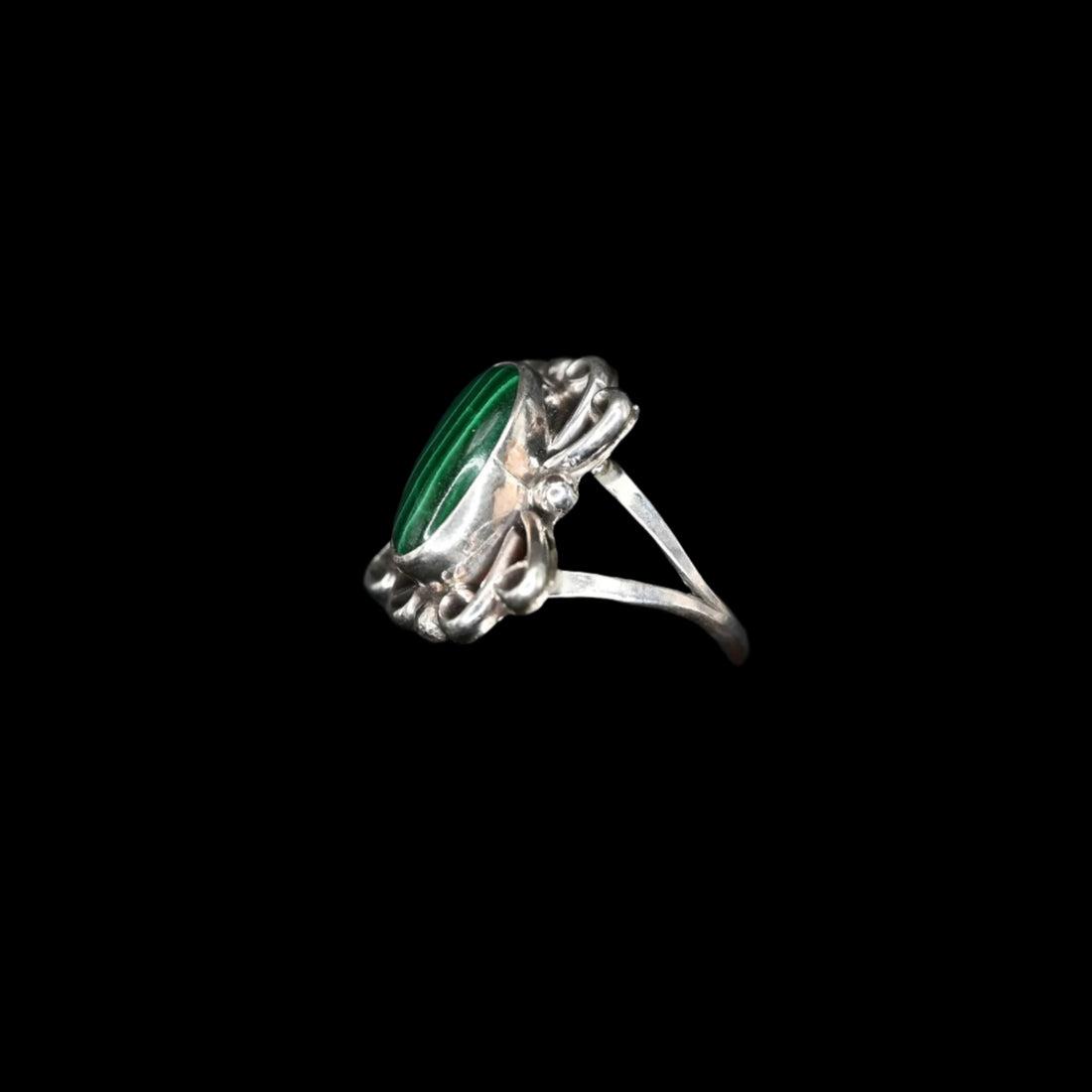 View of Sunwest Silver Malachite Stone Ring featuring a vibrant malachite stone set in sterling silver, size 7