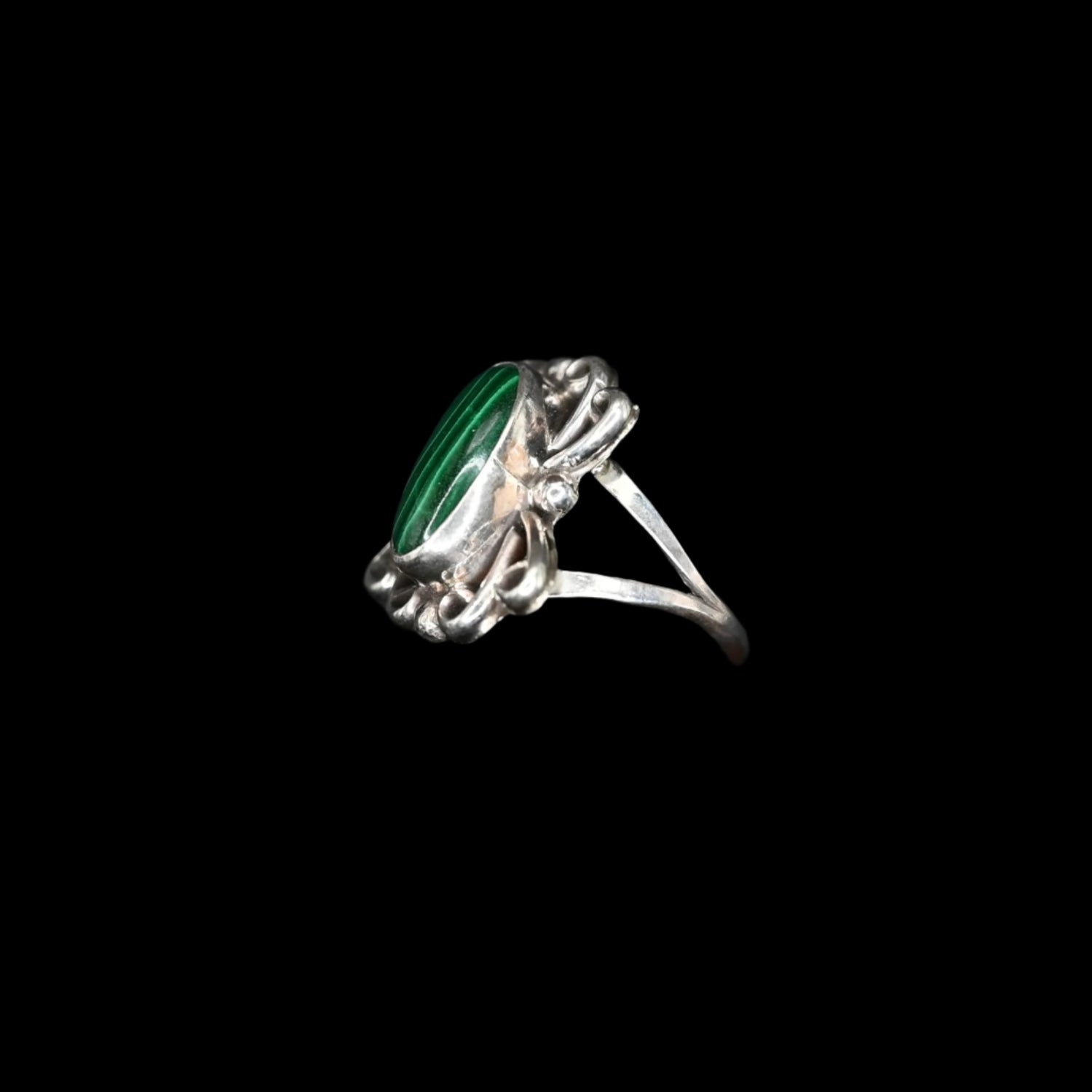 View of Sunwest Silver Malachite Stone Ring featuring a vibrant malachite stone set in sterling silver, size 7