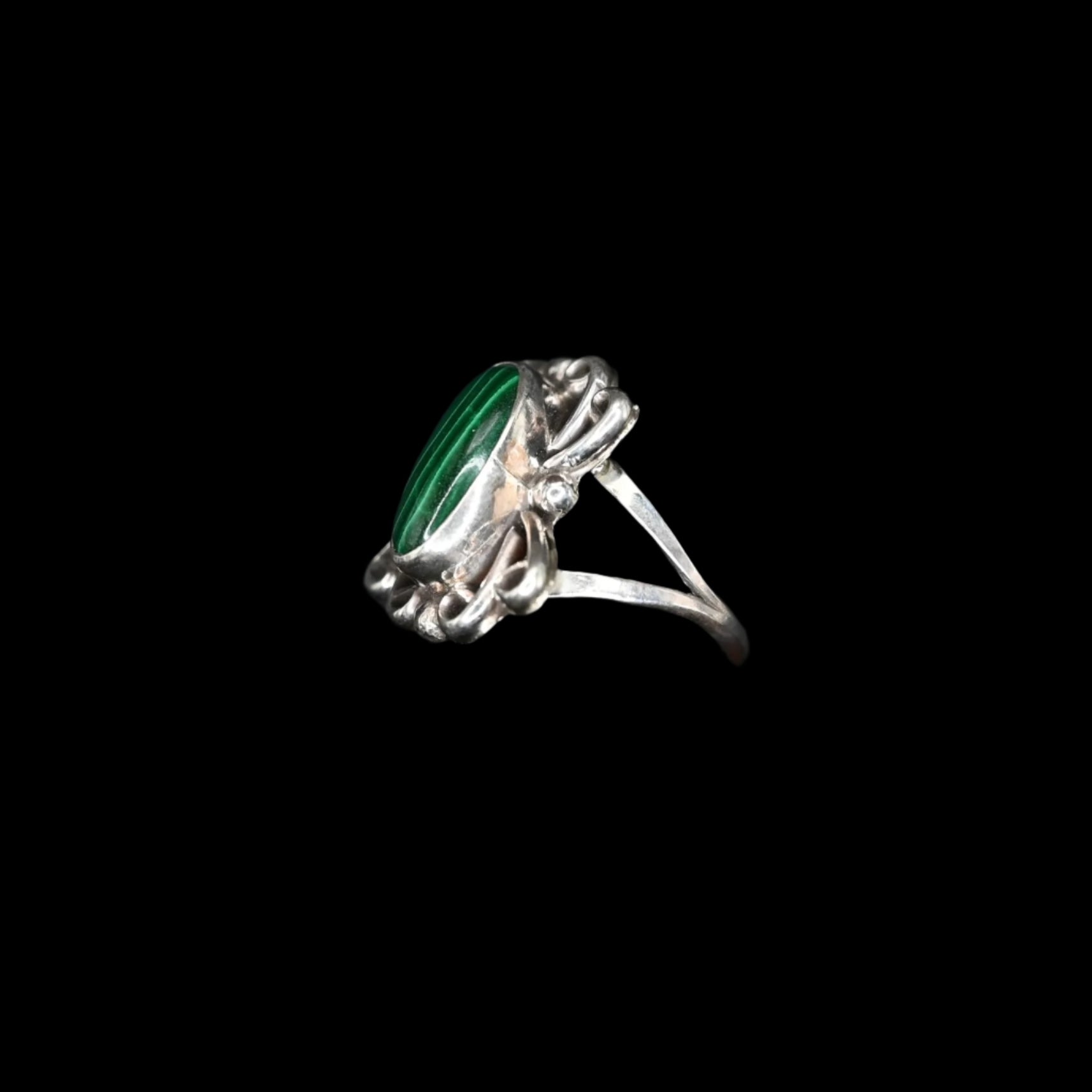 View of Sunwest Silver Malachite Stone Ring featuring a vibrant malachite stone set in sterling silver, size 7