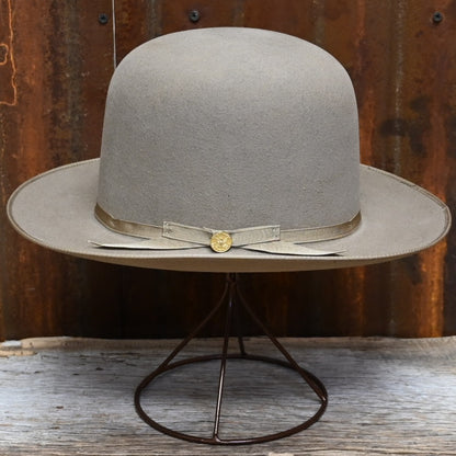 View of Side of Stetson Open Road with Open Crown in Fawn, 160th Edition Hat.