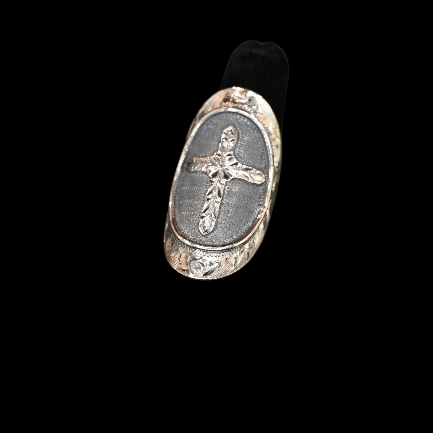 Vogt Silversmiths The Marigold sterling silver ring with engraved cross and oxidized oval