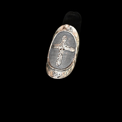 Vogt Silversmiths The Marigold sterling silver ring with engraved cross and oxidized oval