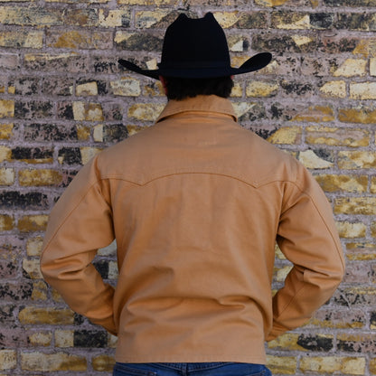 View of Schaefer Brushcloth jacket in suntan with antique brass buttons and six-pocket design