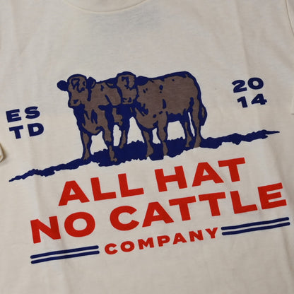 View of Sendero “All Hat No Cattle” T-Shirt in natural with red lettering