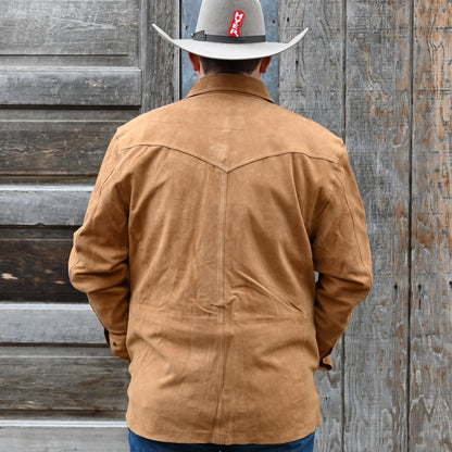 View of Schaefer tan goat suede overshirt with snap front, chest pockets, and hand-warmer pockets
