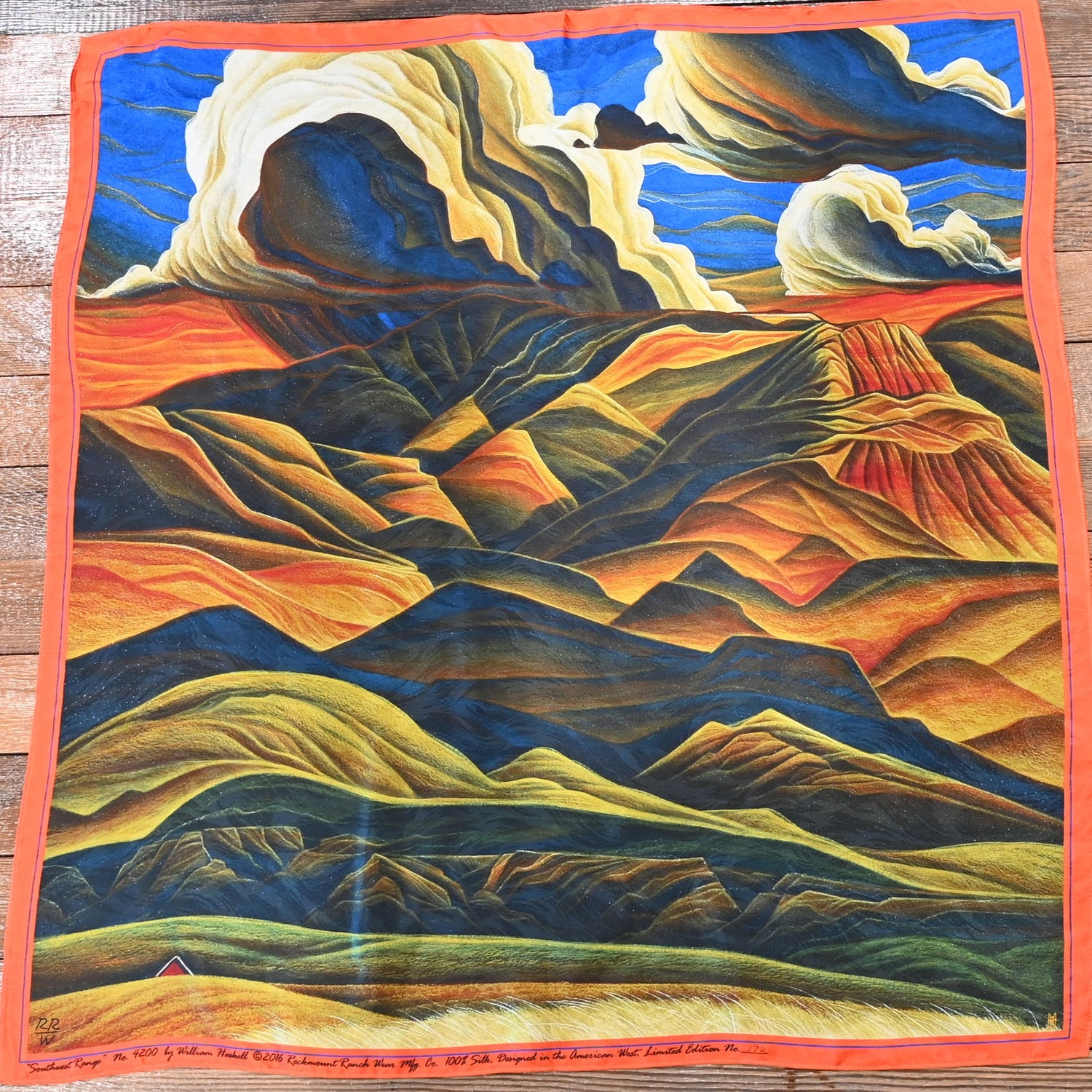 Limited-edition Southwest Range silk scarf by William Haskell, 36″ square, numbered jacquard design