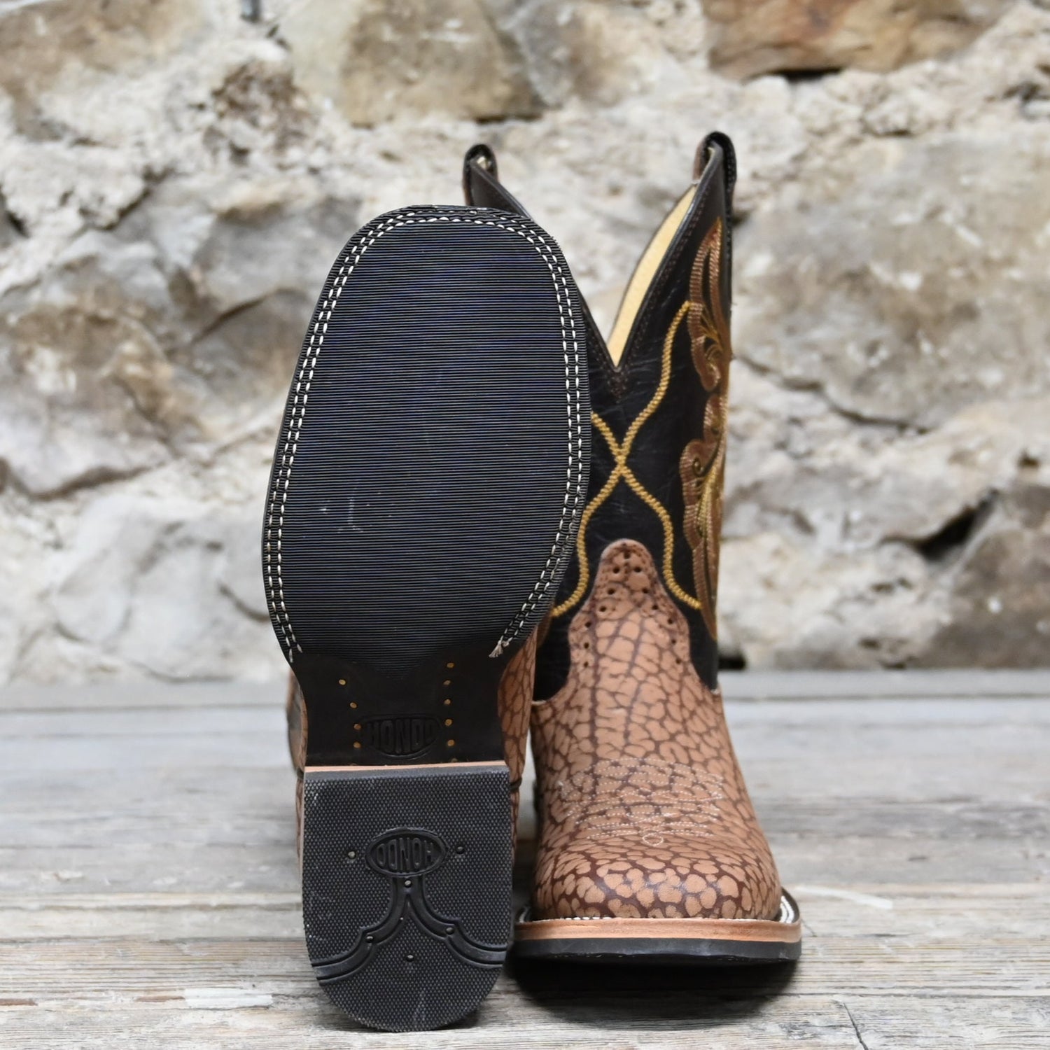 View of Hondo 11&quot; cowboy boot with sand nubuck bullhide vamp, brown volcano top, and wide square toe