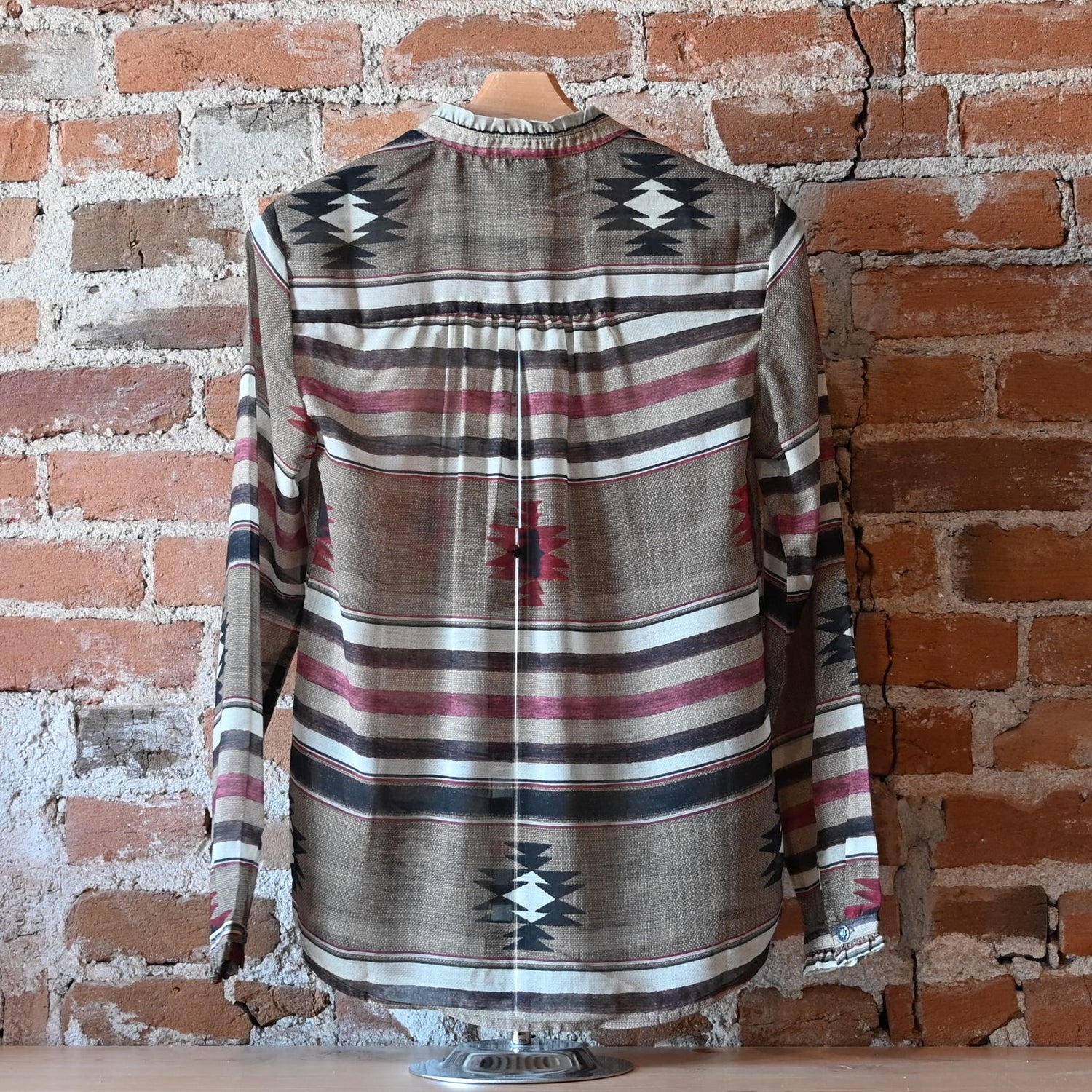 Tasha Polizzi Drew Blouse in multicolor Aztec print with long sleeves, button front, and classic collar