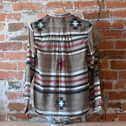 Tasha Polizzi Drew Blouse in multicolor Aztec print with long sleeves, button front, and classic collar