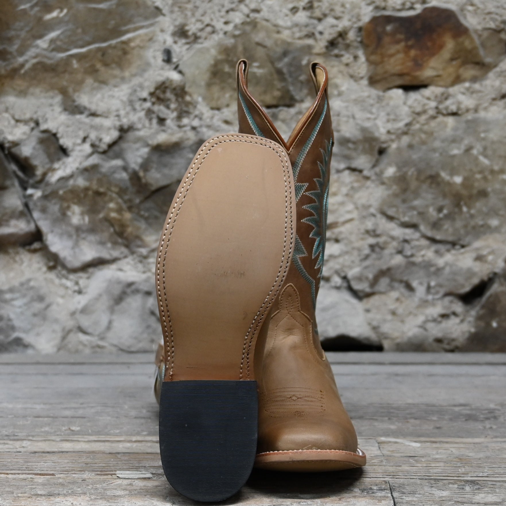 View of Macie Bean 13″ “A Perfect Tan” boot in tan leather with almond toe and City Girl heel