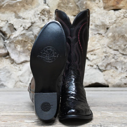 Lucchese men’s 13″ ostrich leather boot in black cherry with looping stitch pattern and tall shaft
