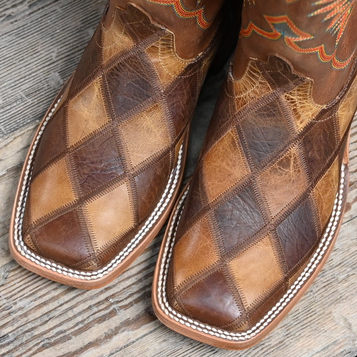 View of Horse Power 13&quot; boot with Crazy Train patchwork vamp, honey top, square toe, and pull straps