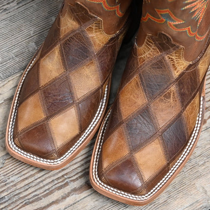 View of Horse Power 13&quot; boot with Crazy Train patchwork vamp, honey top, square toe, and pull straps
